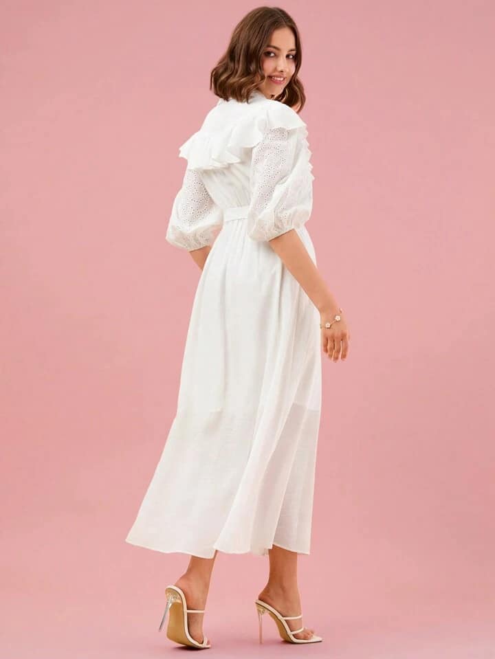 CM-DS333013 Women Elegant Seoul Style Ruffle Trim Lantern Sleeve Belted Shirt Dress - White