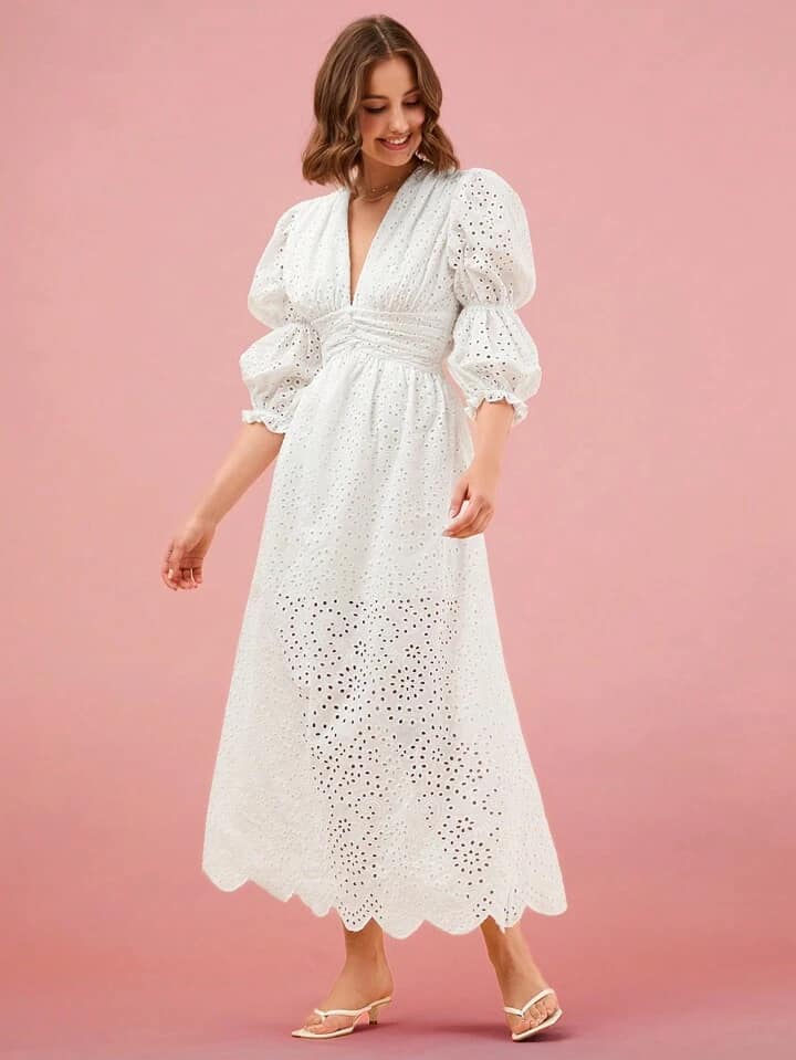 CM-DS052662 Women Elegant Seoul Style Solid Color Hollow Out Embroidery Puff Sleeve Dress - White