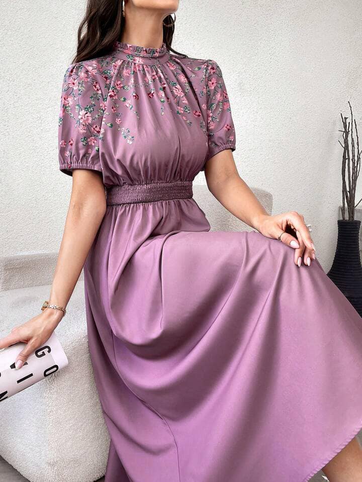 CM-DS531861 Women Elegant Seoul Styel Floral Print Stand Collar Short Sleeve Maxi Dress - Purple