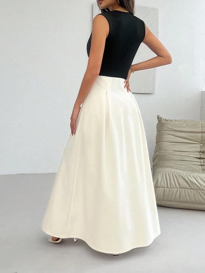 CM-DS340550 Women Casual Seoul Style Sleeveless Colorblock Patchwork Round Neck Sleeveless Maxi Dress