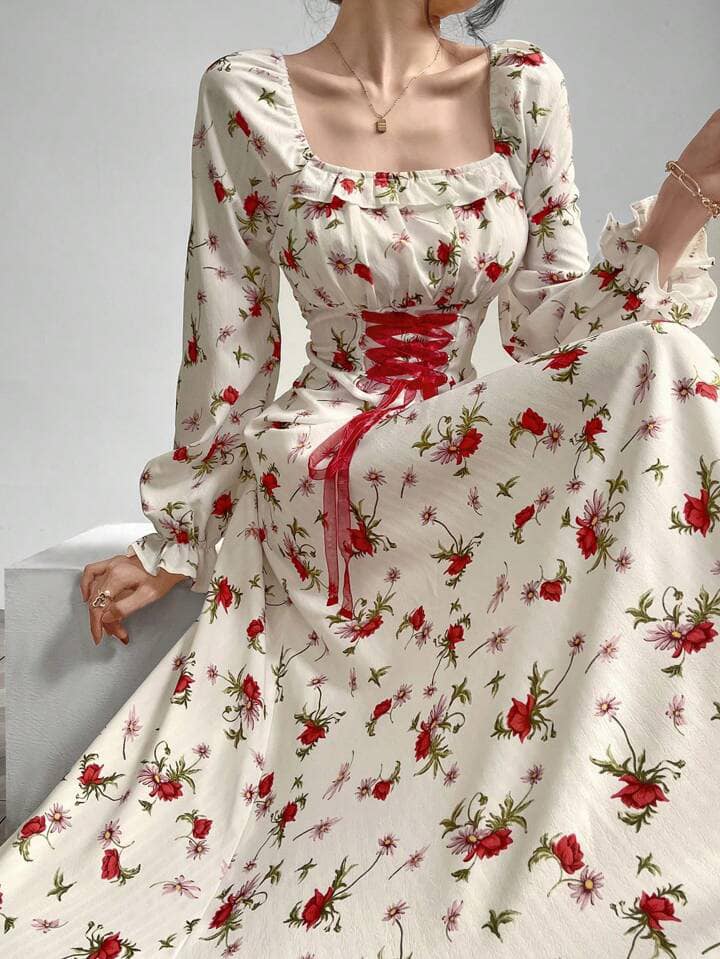 CM-DS621869 Women Elegant Seoul Style Square Neck Floral Print Ruffle Trim Tie Waist Long Dress