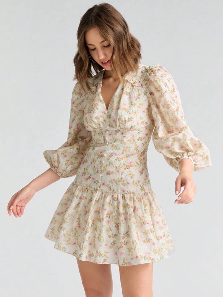 CM-DS072246 Women Elegant Seoul Style Ditsy Floral Print Lantern Sleeve Ruffle Hem Dress - Yellow