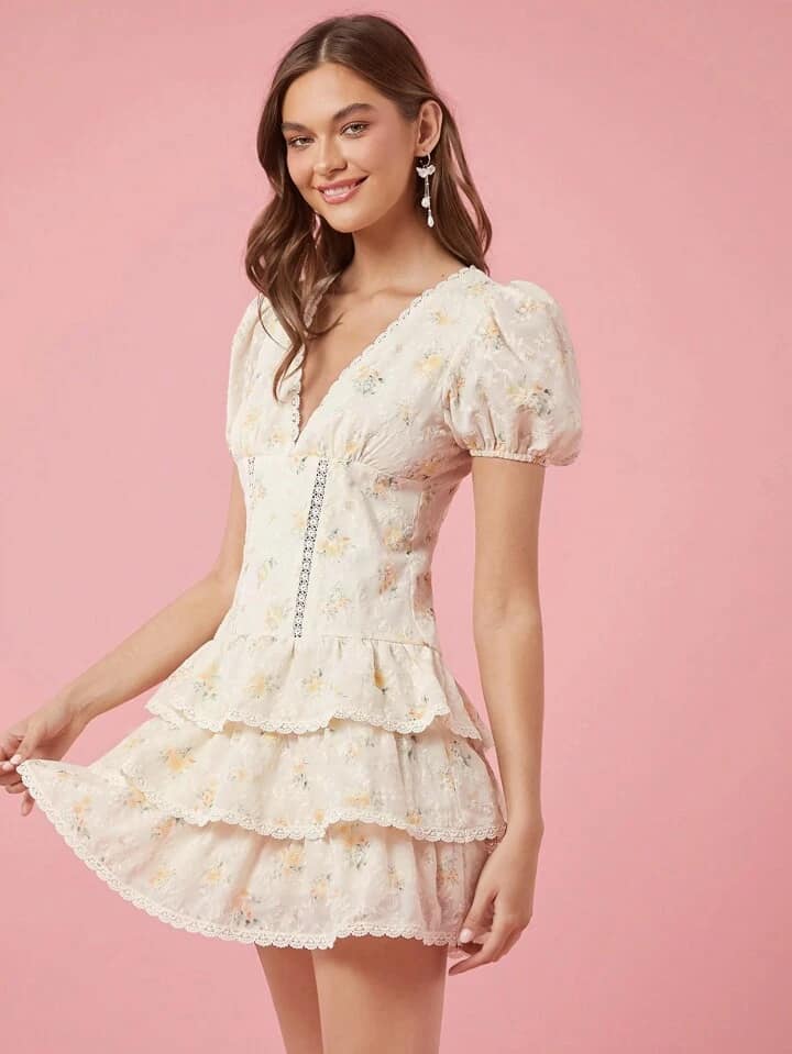 CM-DS212824 Women Elegant Seoul Style Floral Print Deep V-Neck Short Sleeve Multi-Layer Mini Dress