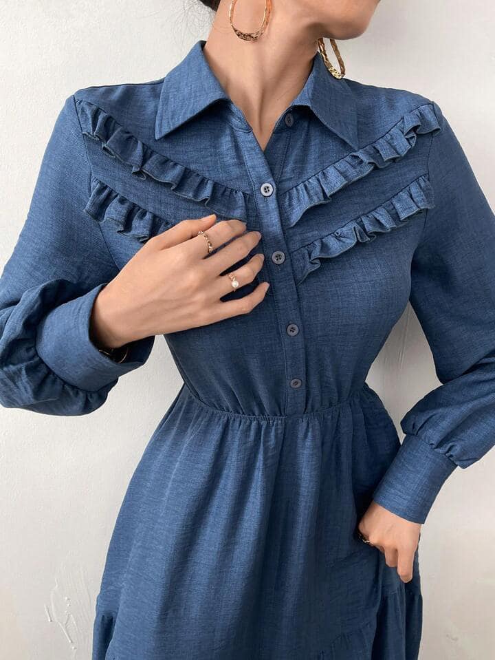 CM-DS499021 Women Elegant Seoul Style Solid Color Lantern Sleeve A-Line Long Dress - Blue