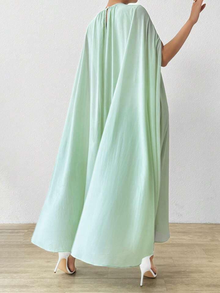 CM-DS011129 Women Elegant Seoul Style Plain Round Neck Cape Sleeve Long Dress - Mint Green
