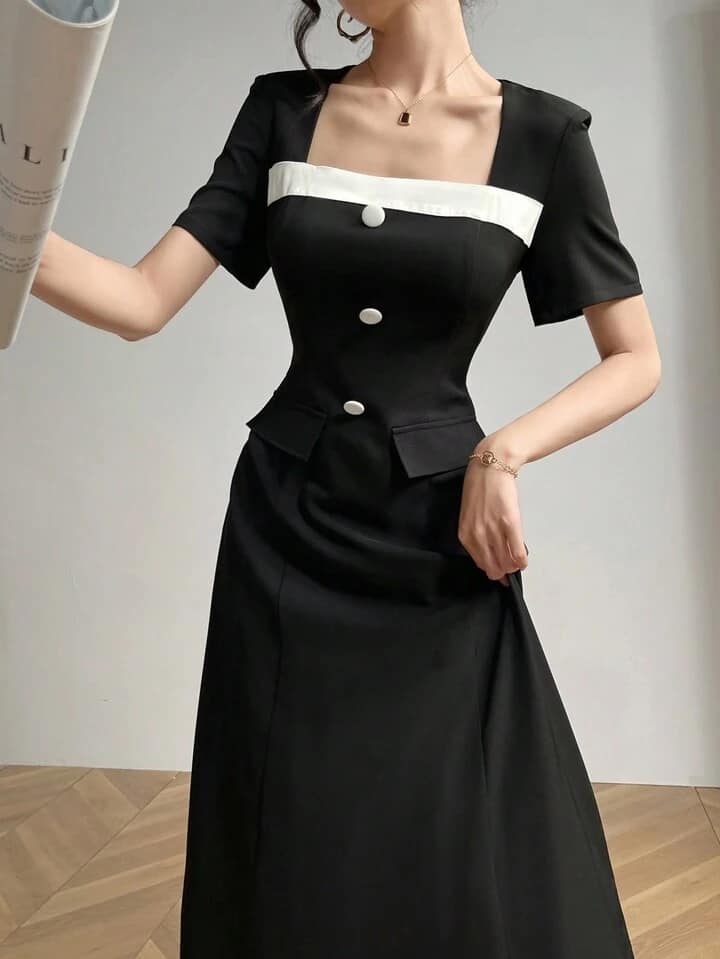 CM-DS529798 Women Elegant Seoul Style Contrast Color Crew Neck Short Sleeve Maxi Dress - Black
