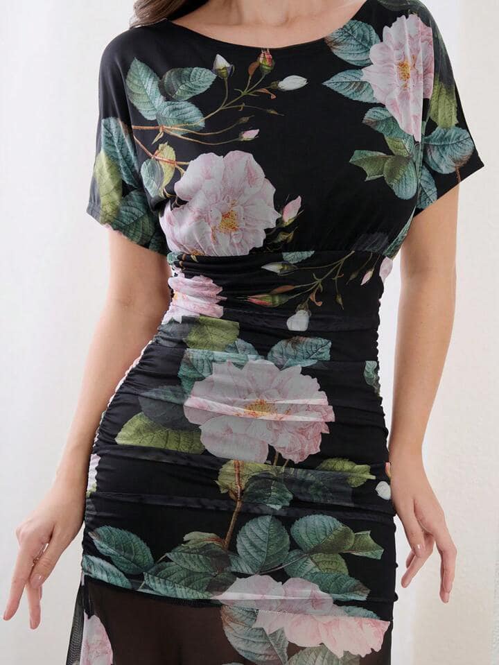 CM-DS046004 Women Elegant Seoul Style Floral Print Round Neck Short Sleeve Mermaid Dress