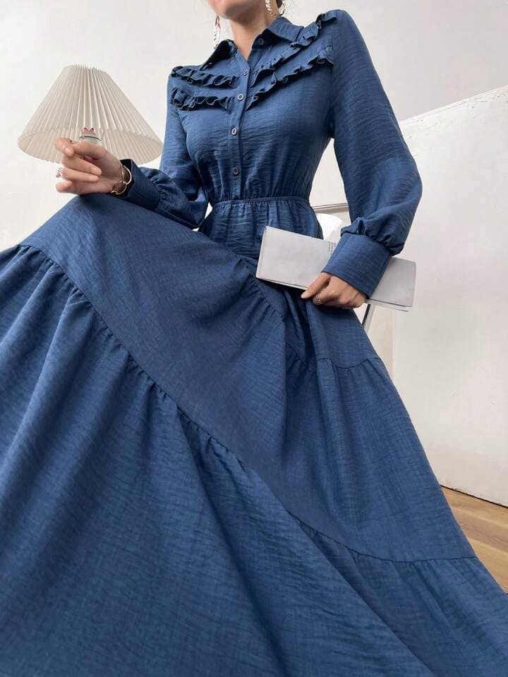 CM-DS499021 Women Elegant Seoul Style Solid Color Lantern Sleeve A-Line Long Dress - Blue