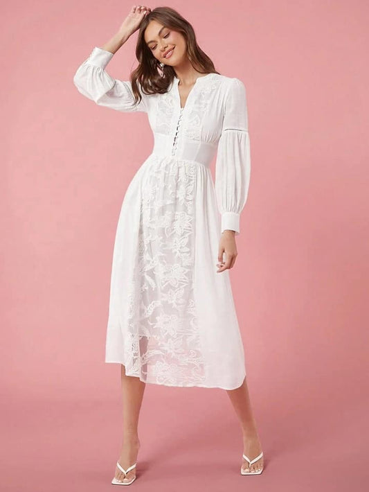 CM-DS178927 Women Elegant Seoul Style Solid Color V-Neck Long Sleeve A-Line Maxi Dress - White