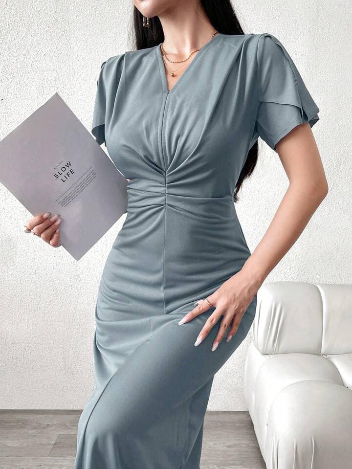 CM-DS518107 Women Casual Seoul Style Solid Minimalist V-Neck Short Sleeve Dress - Blue