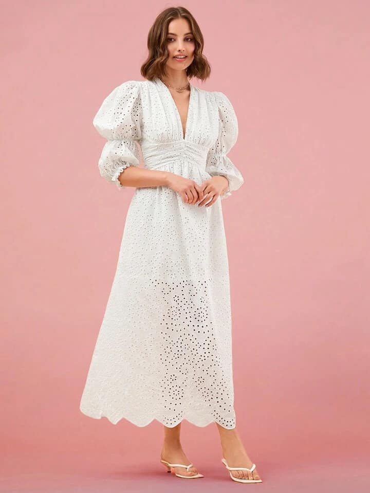 CM-DS052662 Women Elegant Seoul Style Solid Color Hollow Out Embroidery Puff Sleeve Dress - White