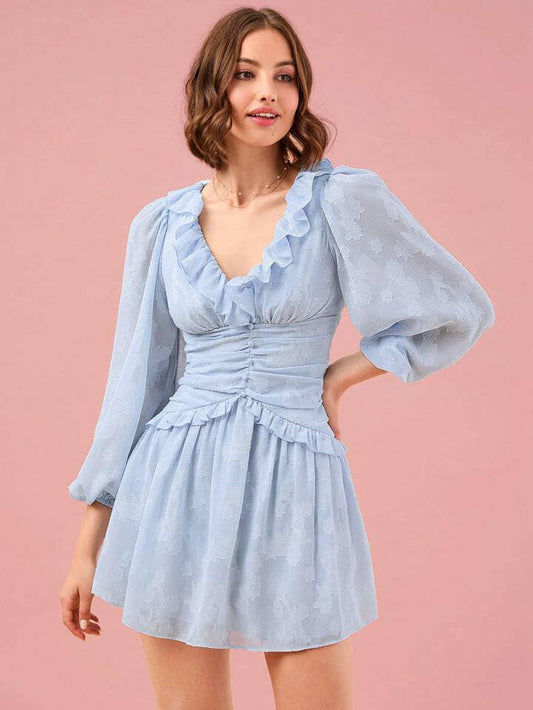 CM-DS820204 Women Elegant Seoul Style Solid Color Cutout Ruffle Trim Lantern Sleeve Dress - Baby Blue