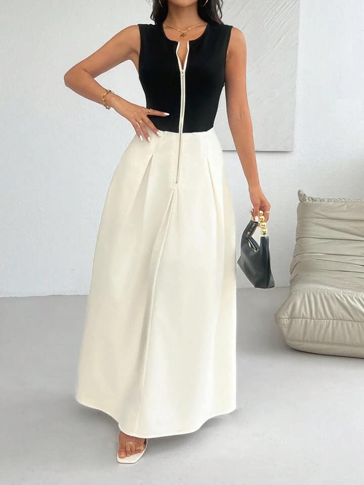 CM-DS340550 Women Casual Seoul Style Sleeveless Colorblock Patchwork Round Neck Sleeveless Maxi Dress