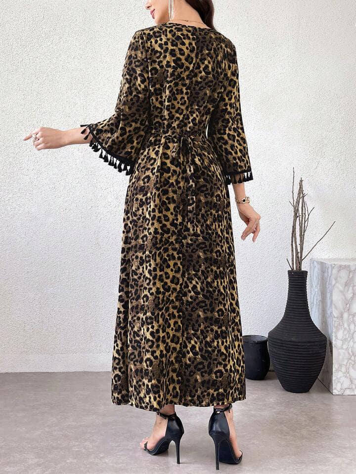 CM-DS038793 Women Trendy Bohemian Style Print Fringe Decorated V-Neck Bell Sleeve Long Dress