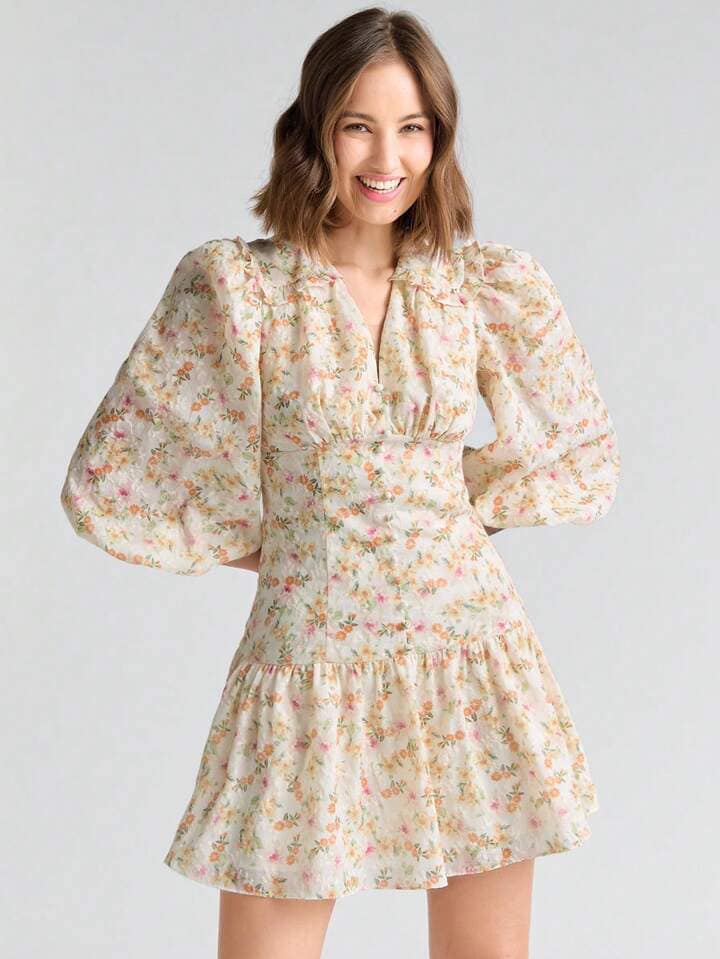 CM-DS072246 Women Elegant Seoul Style Ditsy Floral Print Lantern Sleeve Ruffle Hem Dress - Yellow