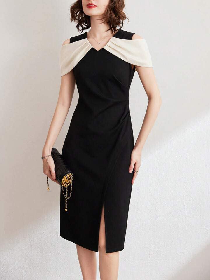 CM-DS716946 Women Elegant Seoul Style V-Neck Sleeveless Colorblock Fitted Midi Dress - Black