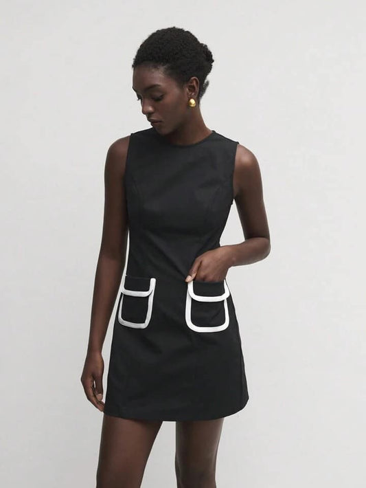 CM-DS600422 Women Elegant Seoul Style Color Block Pocketed Round Neck Sleeveless Bodycon Dress