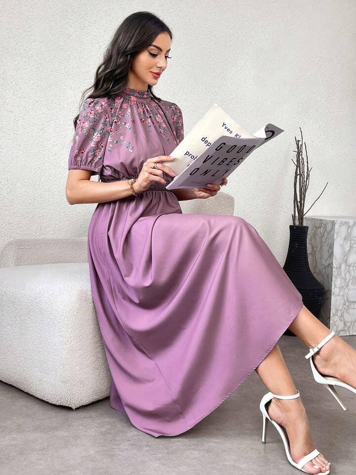CM-DS531861 Women Elegant Seoul Styel Floral Print Stand Collar Short Sleeve Maxi Dress - Purple