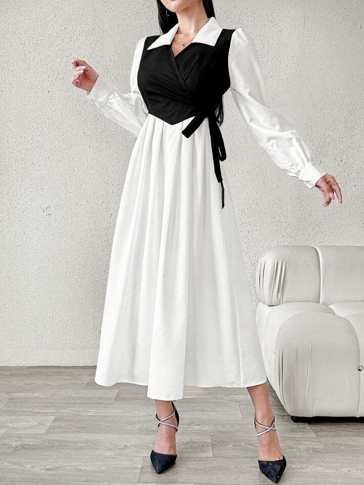 CM-DS565829 Women Casual Seoul Style Colorblock Collar Neckline Side Knot Bubble Sleeve Maxi Dress
