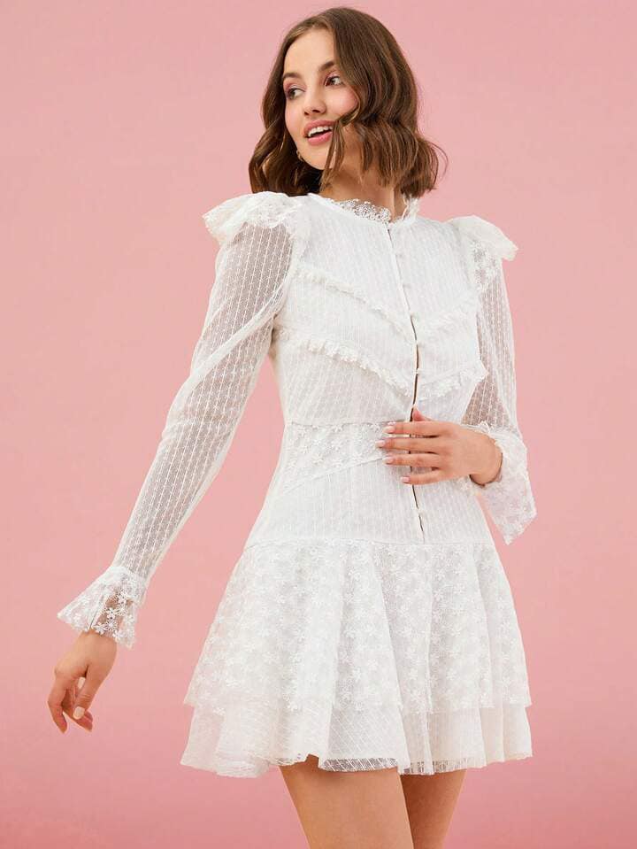 CM-DS228868 Women Elegant Seoul Style Stand Collar Long Sleeve A-Line Mini Dress - White