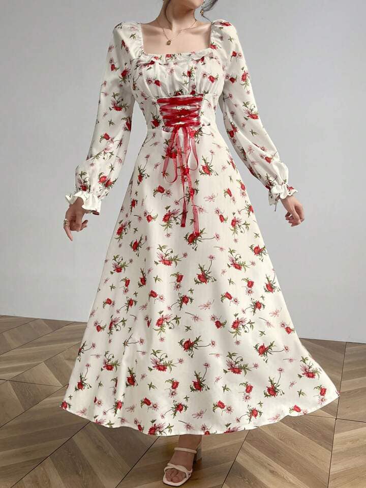 CM-DS621869 Women Elegant Seoul Style Square Neck Floral Print Ruffle Trim Tie Waist Long Dress