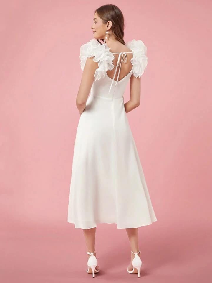 CM-DS762267 Women Elegant Seoul Style Sweetheart Neckline 3D Ruffle Strap Midi Dress - White