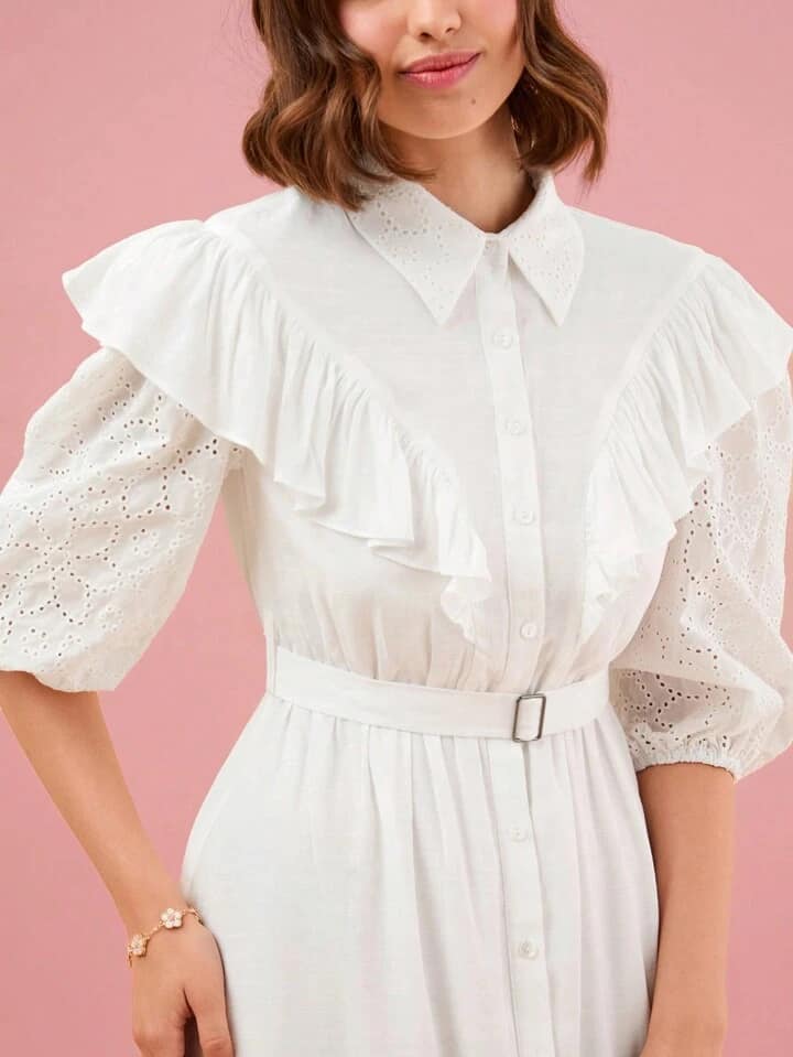 CM-DS333013 Women Elegant Seoul Style Ruffle Trim Lantern Sleeve Belted Shirt Dress - White