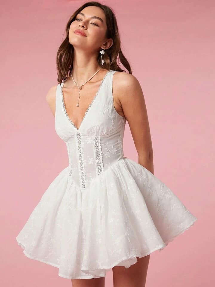 CM-DS929091 Women Elegant Seoul Style Lace Insert Sleeveless Corset Short Dress - White