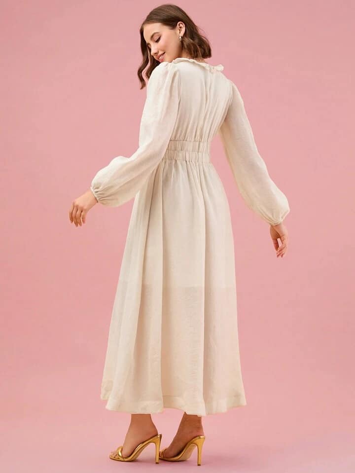 CM-DS994746 Women Elegant Seoul Style V-Neck Frill Trim Lantern Sleeve Maxi Dress - Apricot