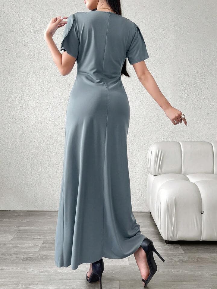 CM-DS518107 Women Casual Seoul Style Solid Minimalist V-Neck Short Sleeve Dress - Blue