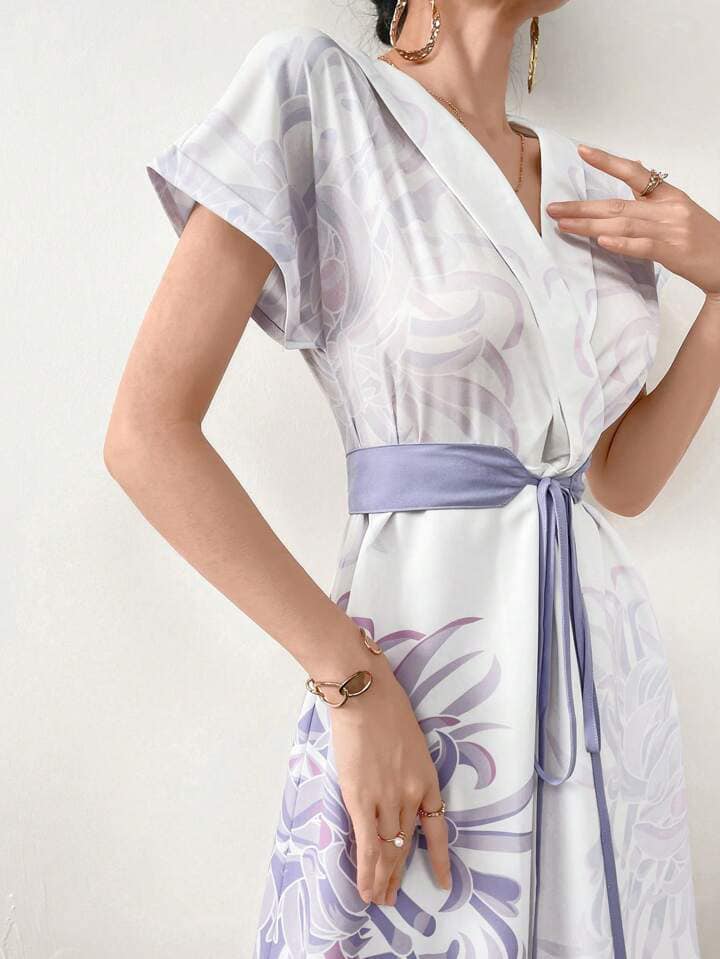 CM-DS121112 Women Casual Seoul Style Floral Print Overlap V-Neck Bat Sleeve Waist Tie Dress