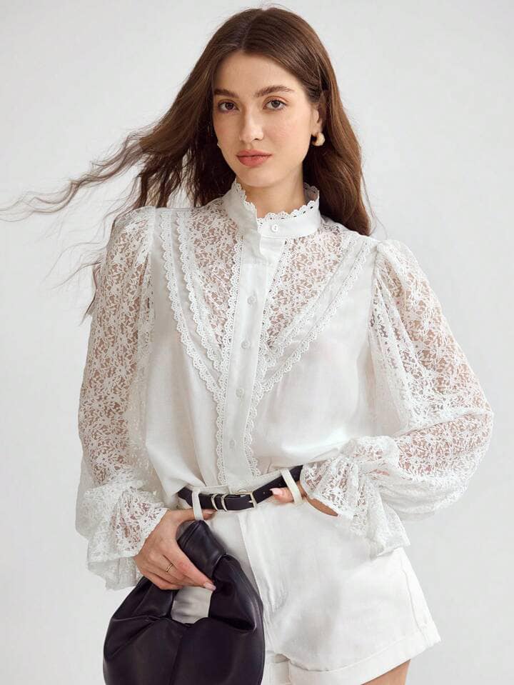 CM-TS578255 Women Elegant Seoul Style Stand Collar Contrast Lace Flounce Sleeve Blouse - White
