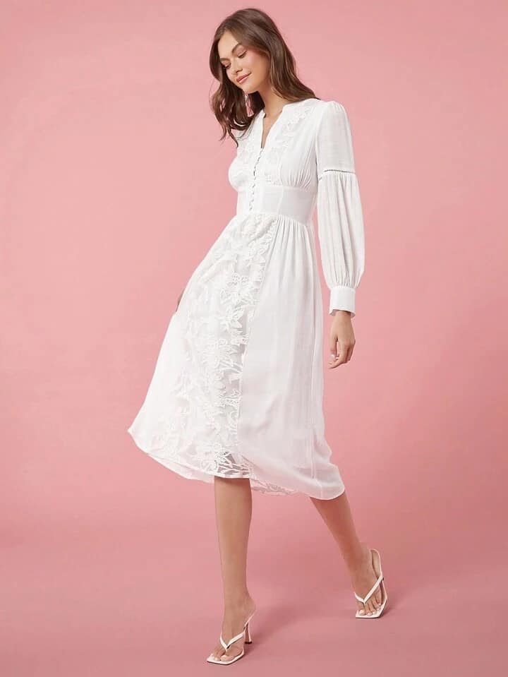 CM-DS178927 Women Elegant Seoul Style Solid Color V-Neck Long Sleeve A-Line Maxi Dress - White