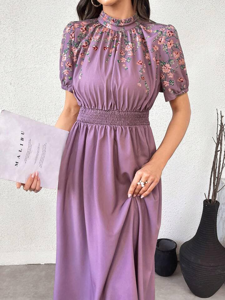CM-DS531861 Women Elegant Seoul Styel Floral Print Stand Collar Short Sleeve Maxi Dress - Purple