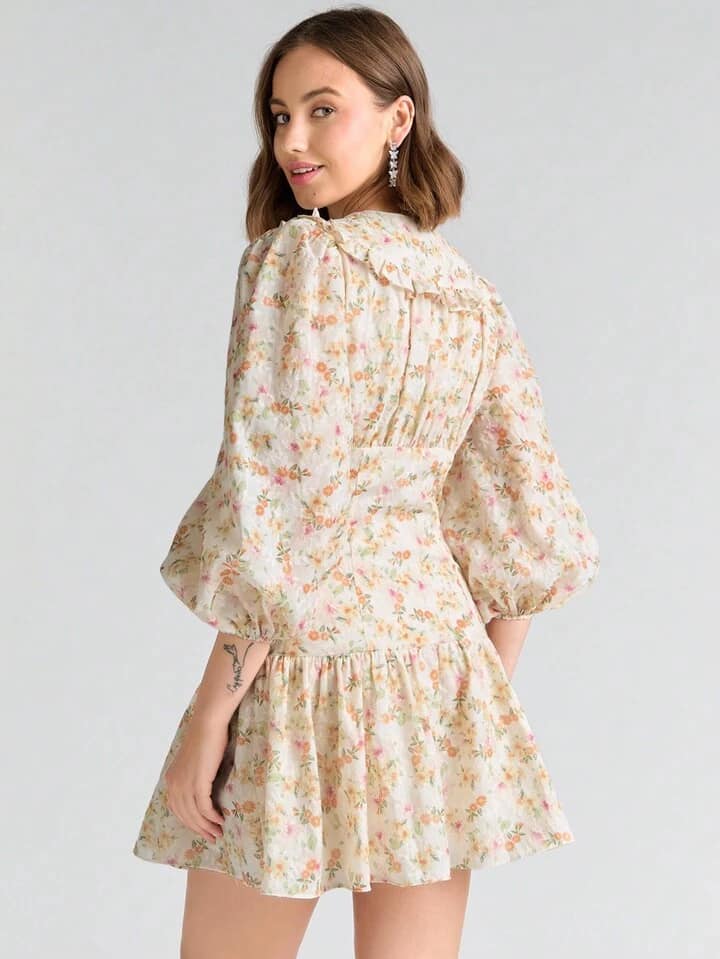 CM-DS072246 Women Elegant Seoul Style Ditsy Floral Print Lantern Sleeve Ruffle Hem Dress - Yellow