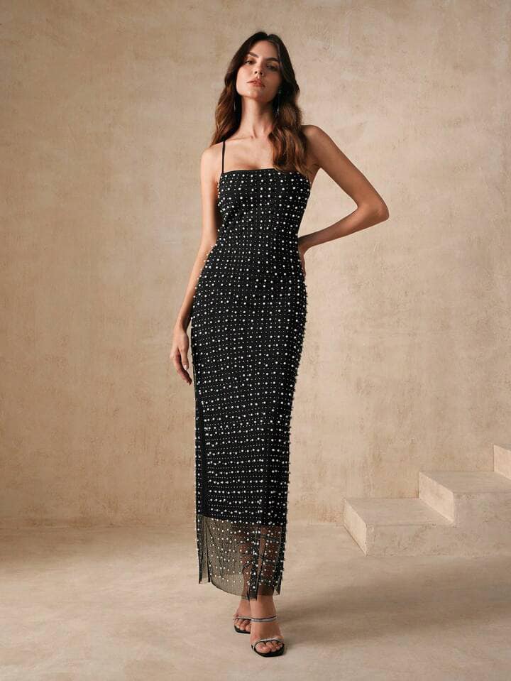 CM-DS505060 Women Elegant Seoul Style Sequin Patchwork Strappy Sleeveless Dress - Black