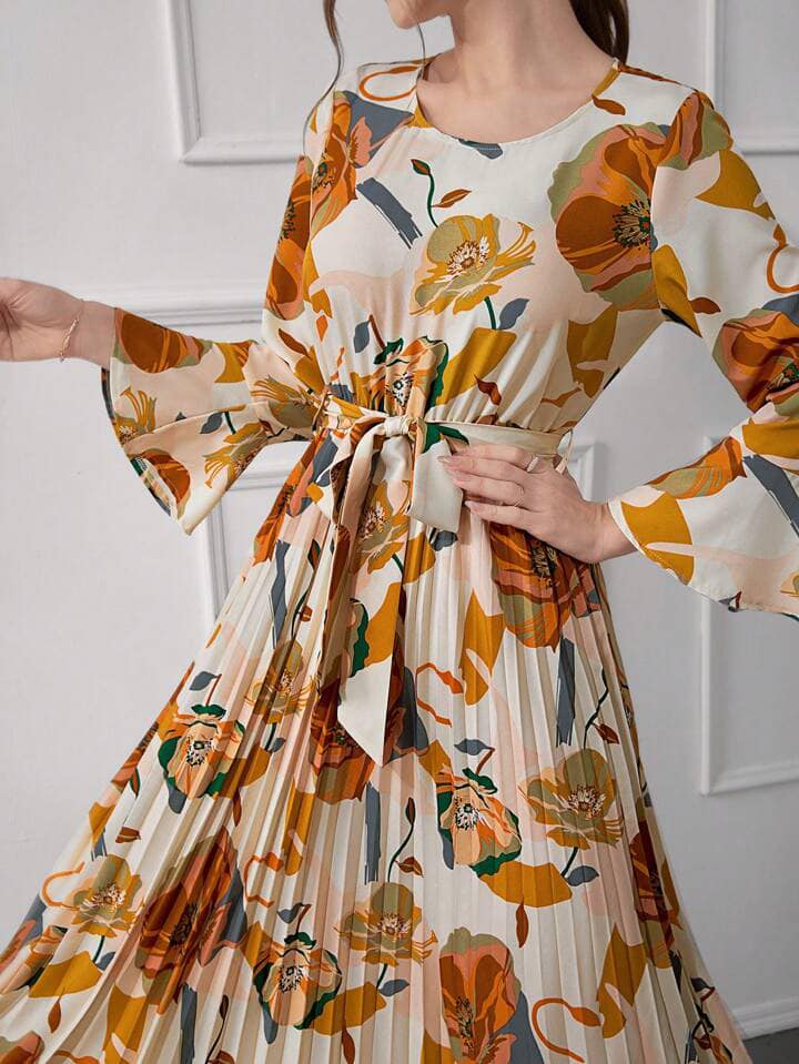 CM-DS433038 Women Trendy Bohemian Style Floral Print Round Neck Flare Sleeve A-Line Dress