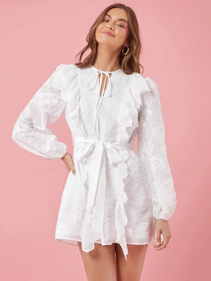 CM-DS001565 Women Elegant Seoul Style Tie Collar Lantern Sleeve Patchwork Ruffle Hem Mini Dress
