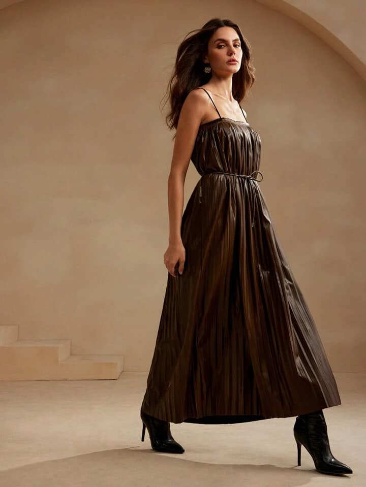 CM-DS288117 Women Elegant Seoul Style Solid Color Spaghetti Strap Sleeveless Pleated Cami Dress - Coffee