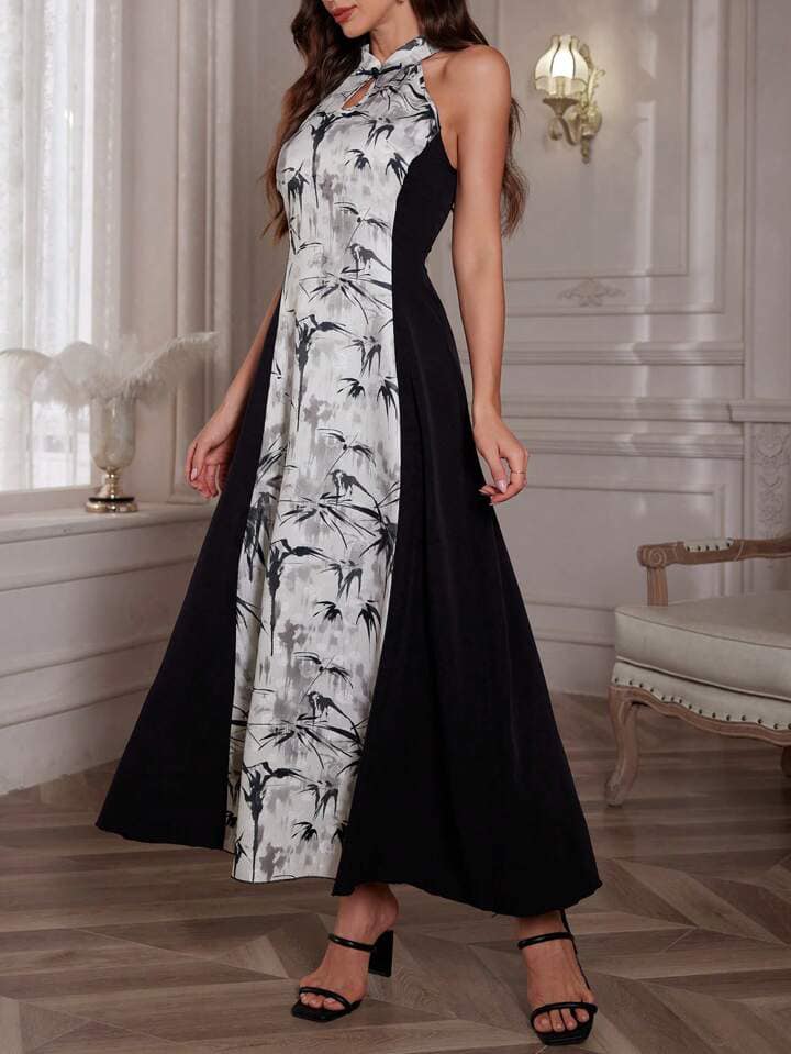 CM-DS789488 Women Elegangt Seoul Style Keyhole Neckline Sleeveless Printed Flared Hem Dress