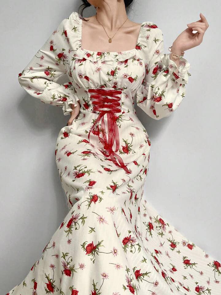 CM-DS621869 Women Elegant Seoul Style Square Neck Floral Print Ruffle Trim Tie Waist Long Dress