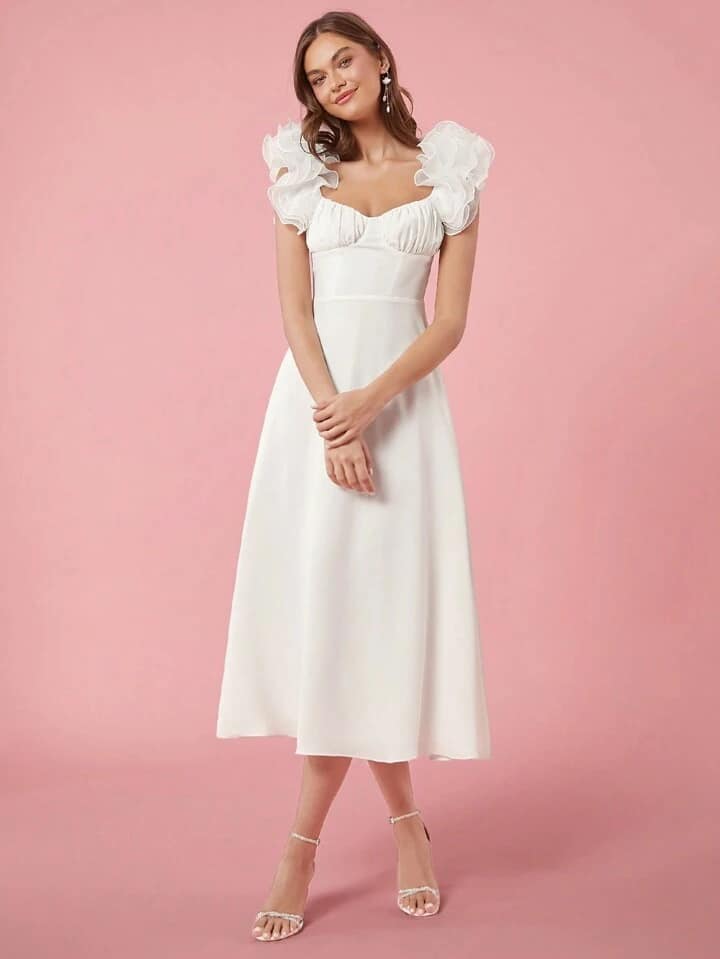 CM-DS762267 Women Elegant Seoul Style Sweetheart Neckline 3D Ruffle Strap Midi Dress - White