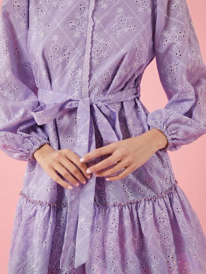 CM-DS323883 Women Elegant Seoul Style Embroidered Printed Dress With Belt Decoration - Mauve Purple