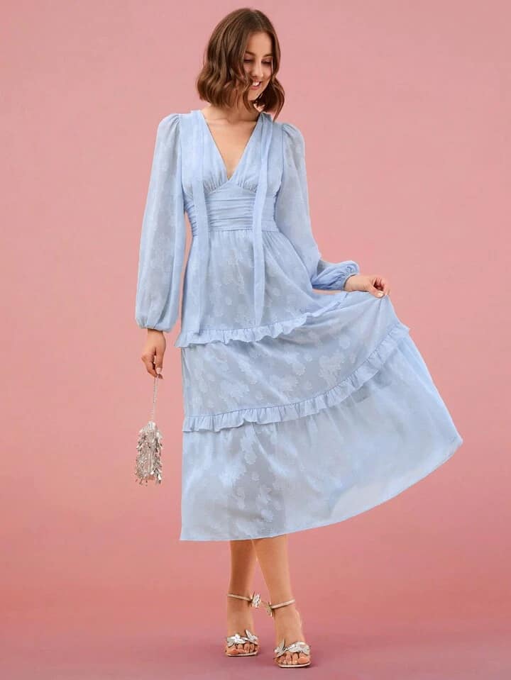 CM-DS366474 Women Elegant Seoul Style V-Neck Printed Long Sleeve A-Line Maxi Dress - Baby Blue
