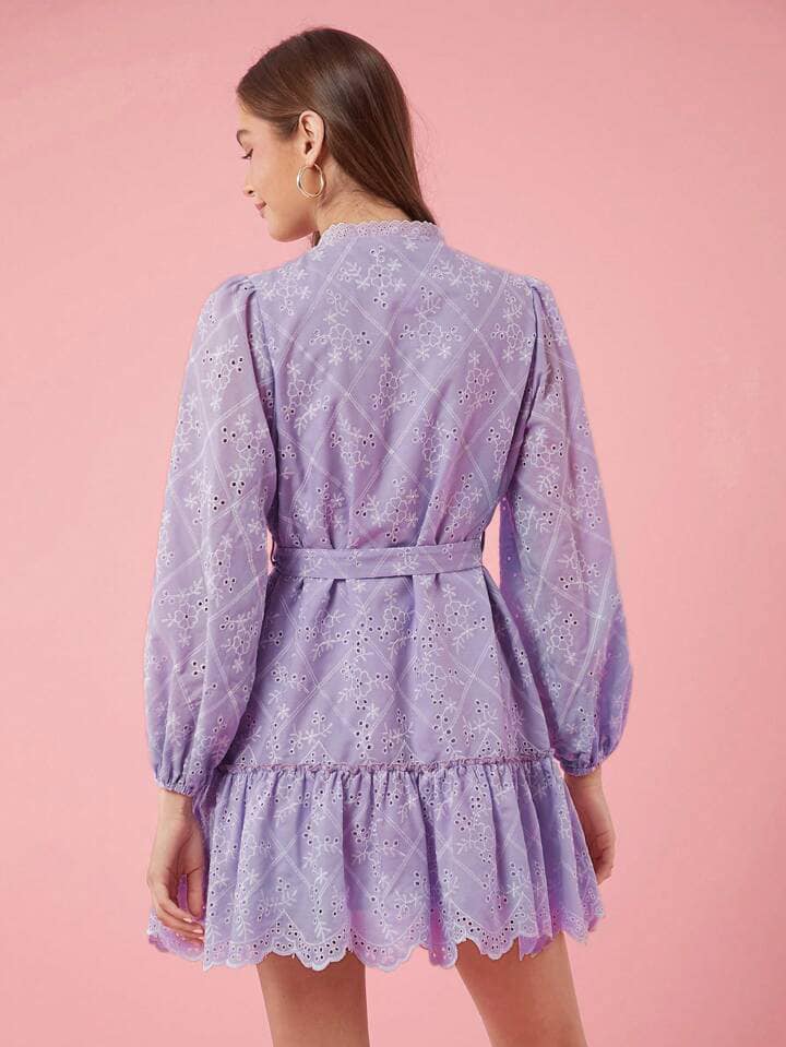 CM-DS323883 Women Elegant Seoul Style Embroidered Printed Dress With Belt Decoration - Mauve Purple
