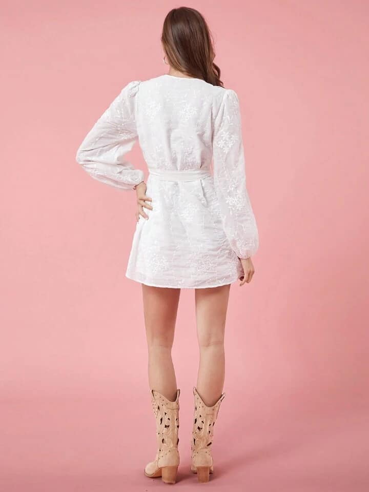CM-DS001565 Women Elegant Seoul Style Tie Collar Lantern Sleeve Patchwork Ruffle Hem Mini Dress