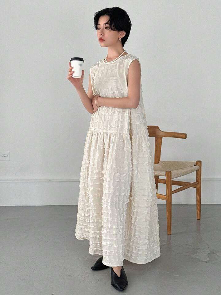 CM-DS445828 Women Trendy Bohemian Style Solid Round Neck Sleeveless Smock Dress - Beige