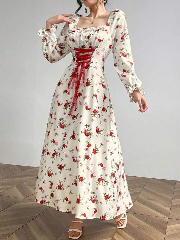CM-DS621869 Women Elegant Seoul Style Square Neck Floral Print Ruffle Trim Tie Waist Long Dress