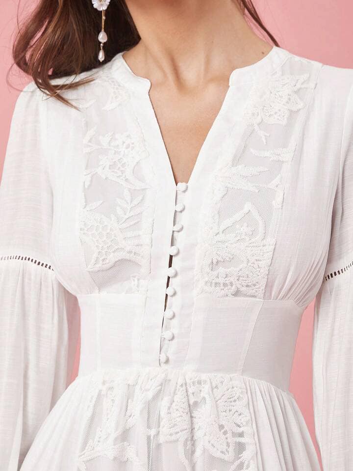 CM-DS178927 Women Elegant Seoul Style Solid Color V-Neck Long Sleeve A-Line Maxi Dress - White
