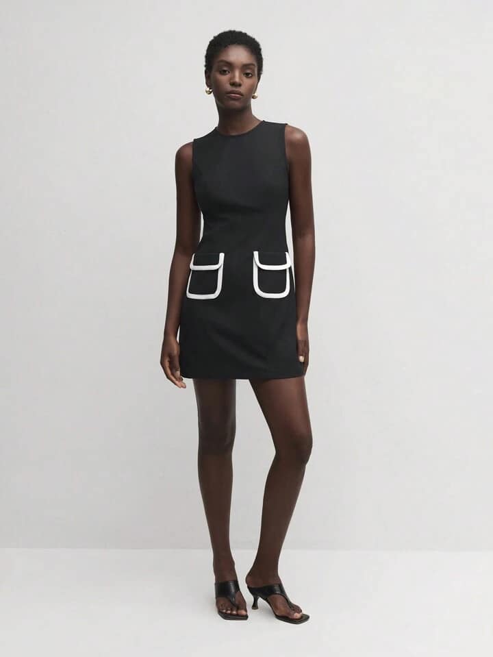CM-DS600422 Women Elegant Seoul Style Color Block Pocketed Round Neck Sleeveless Bodycon Dress